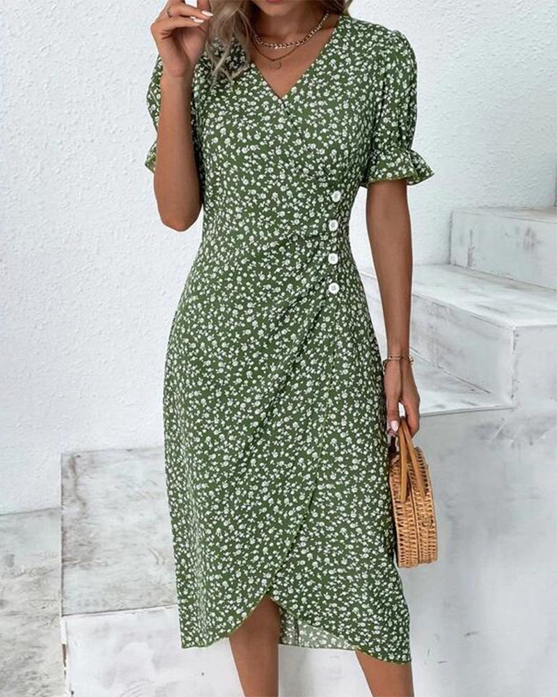Midikleid Mit Blumenmuster Und Knopfdetail