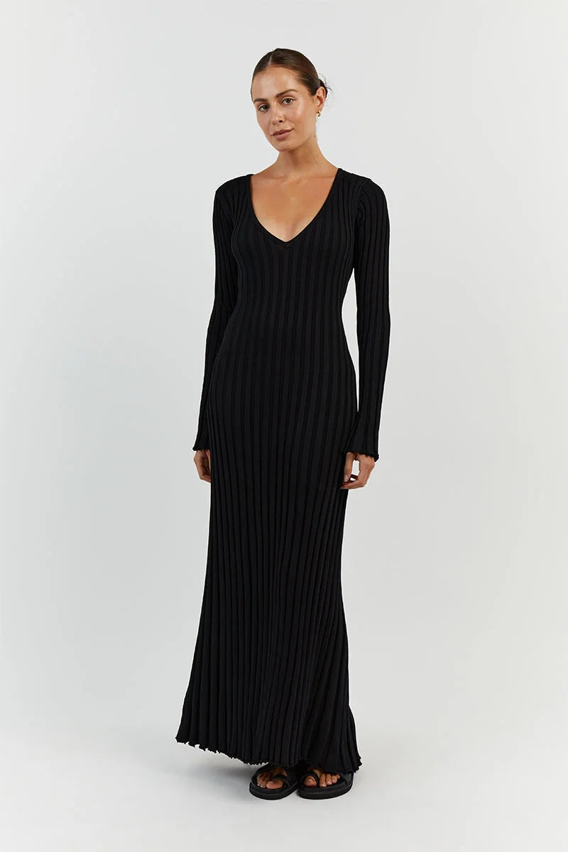 Elegantes Langarm-Midikleid Mit V-Ausschnitt
