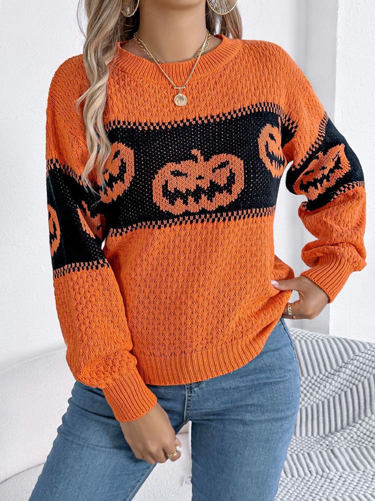 Strickpullover Mit Rundhalsausschnitt Und Farbblockdesign İm Kürbismuster