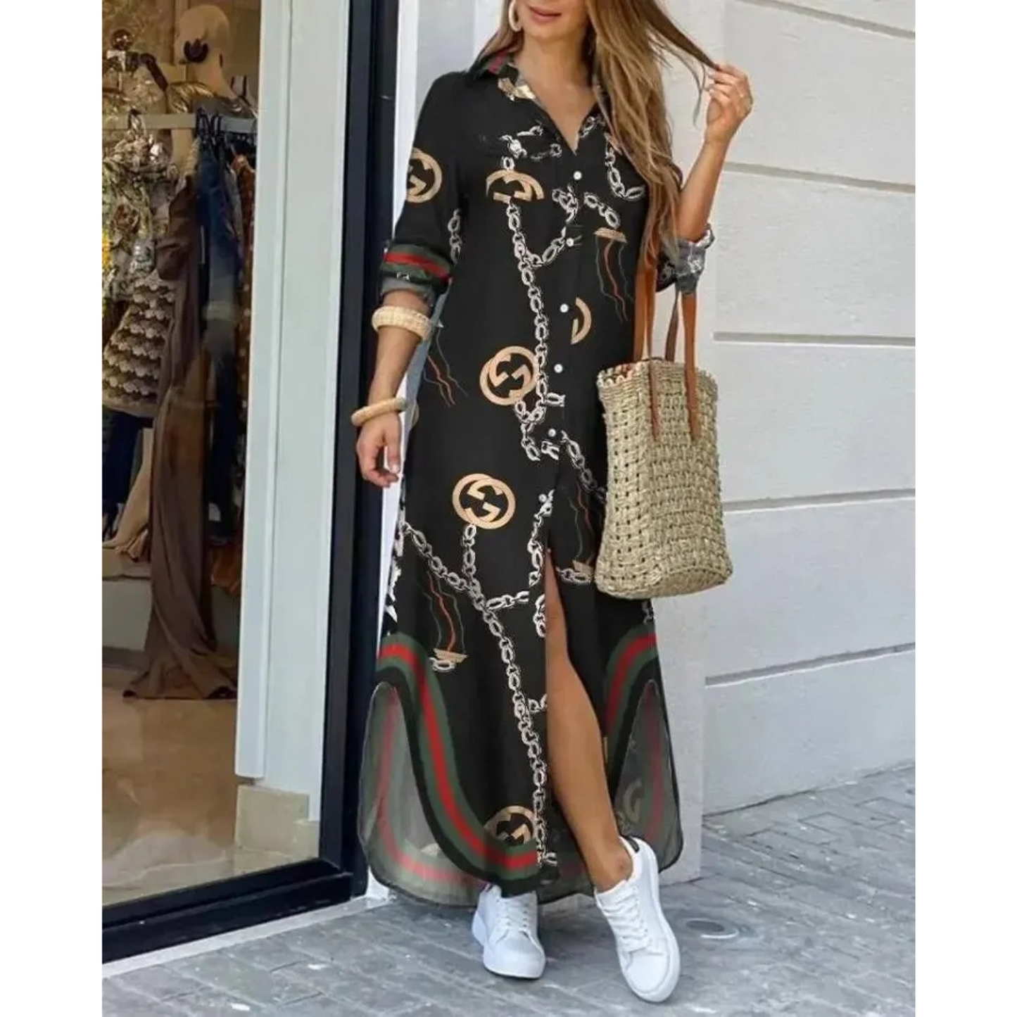 Maxikleid Mit Hemdkragen Und Schlitz