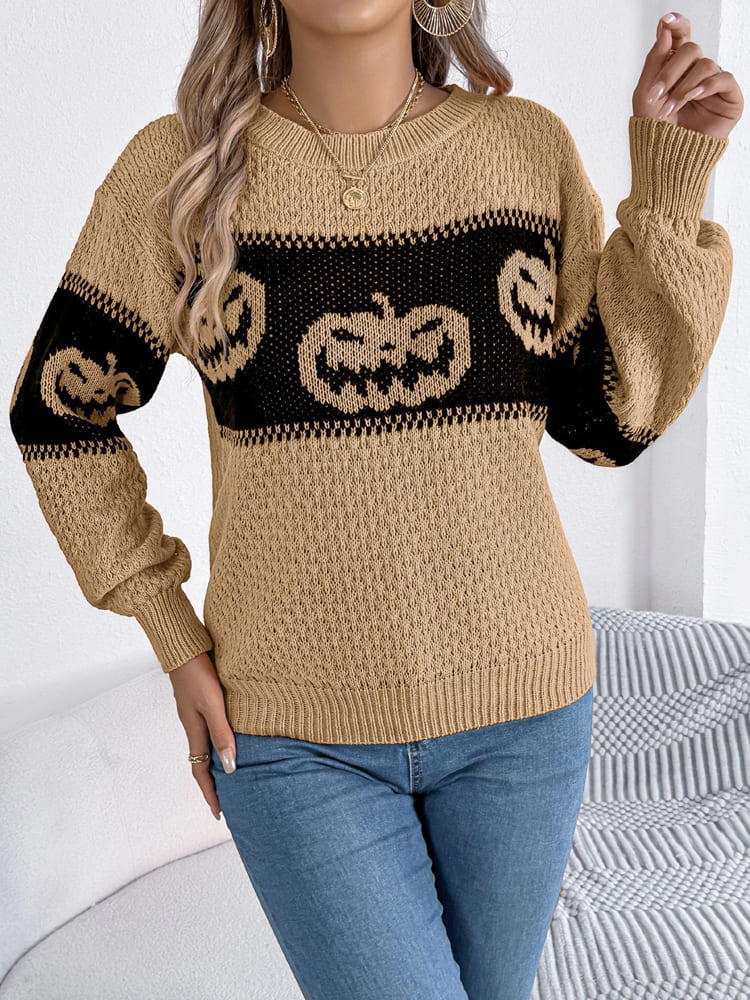 Strickpullover Mit Rundhalsausschnitt Und Farbblockdesign İm Kürbismuster