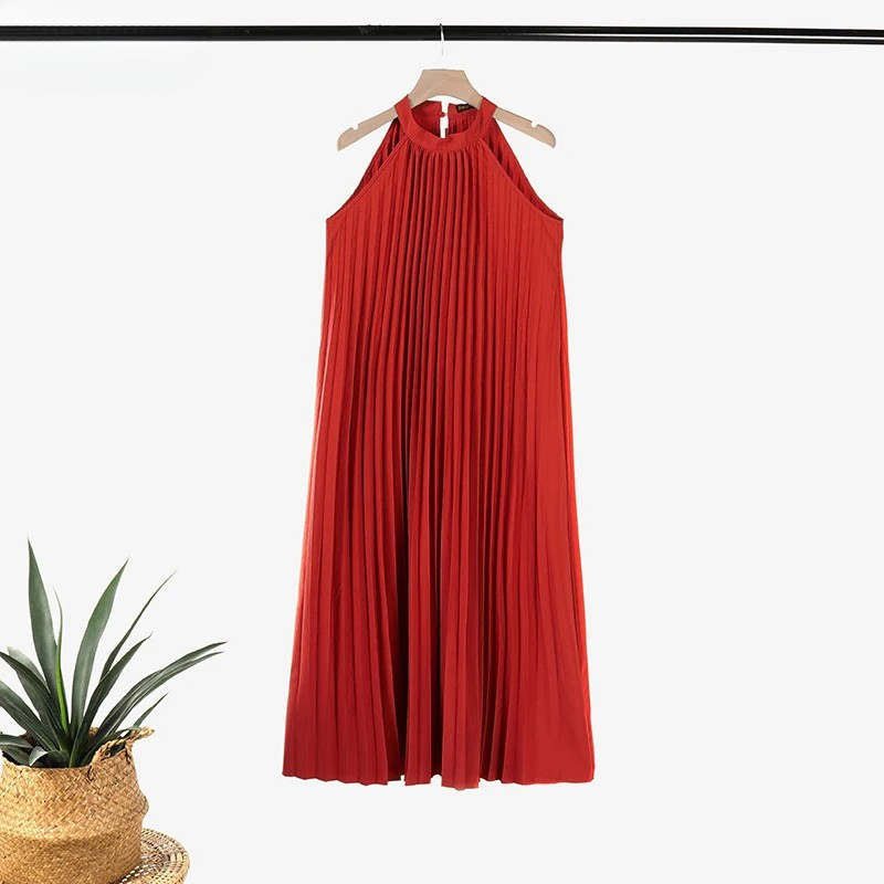 Plissiertes, Schlichtes, Ärmelloses Langes Kleid