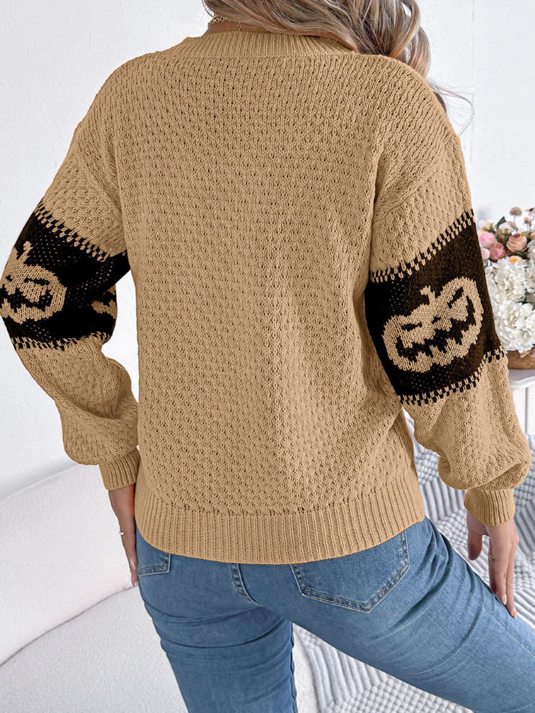 Strickpullover Mit Rundhalsausschnitt Und Farbblockdesign İm Kürbismuster