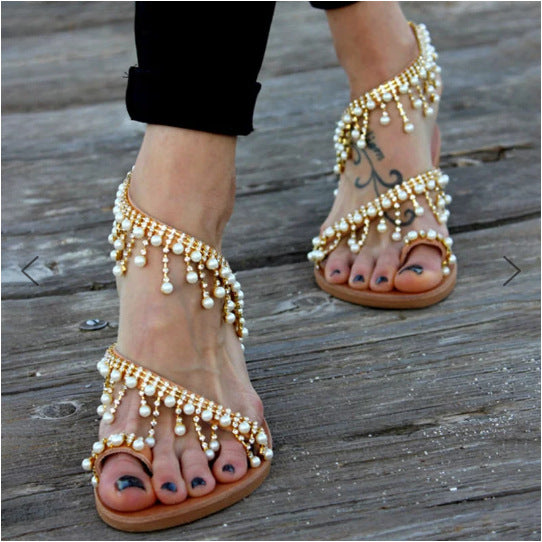 Orthopädische Sandalen Mit Flacher Sohle Und Perlendetails, Bequeme Sandalen