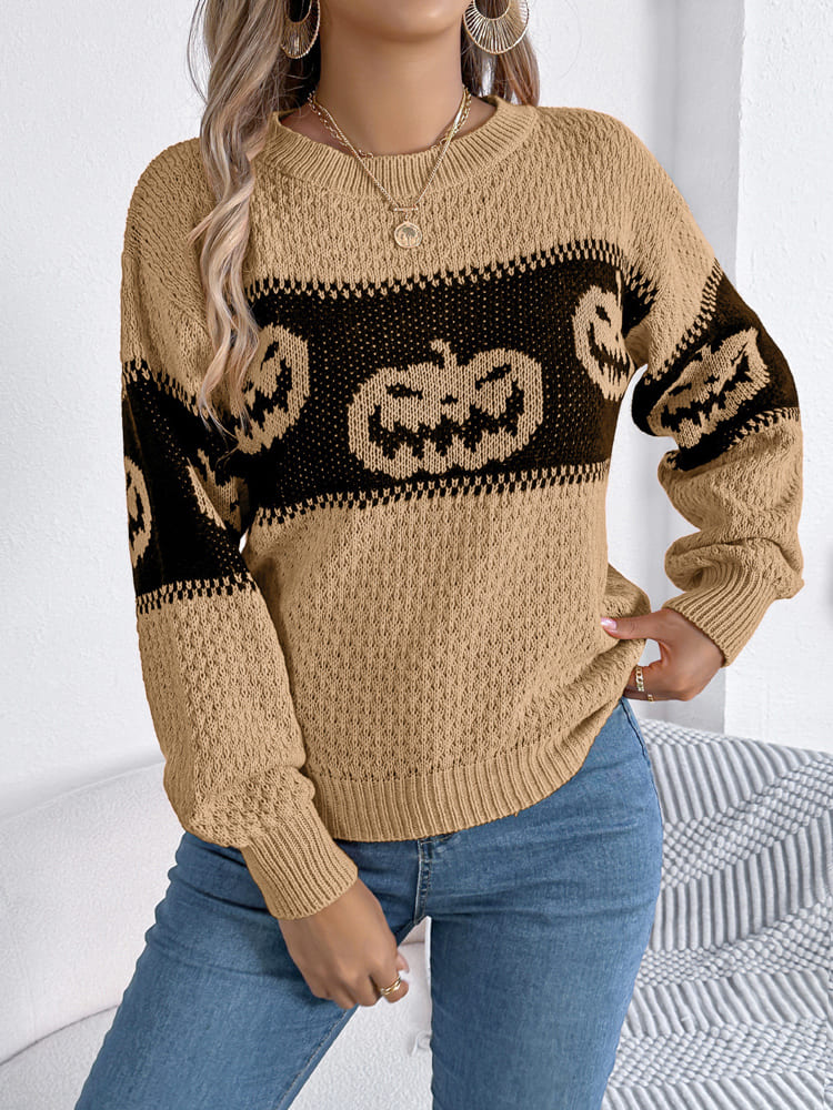 Strickpullover Mit Rundhalsausschnitt Und Farbblockdesign İm Kürbismuster