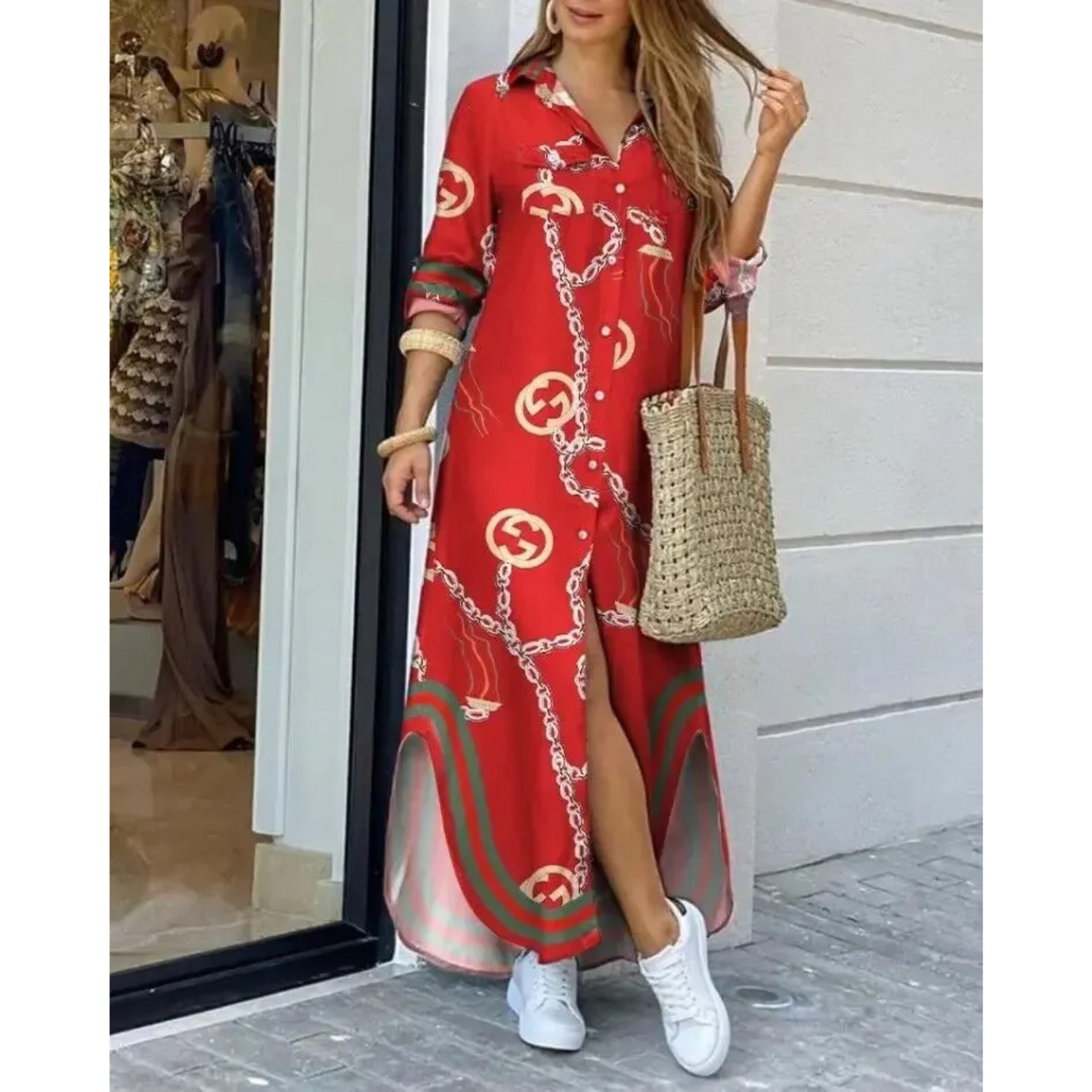 Maxikleid Mit Hemdkragen Und Schlitz
