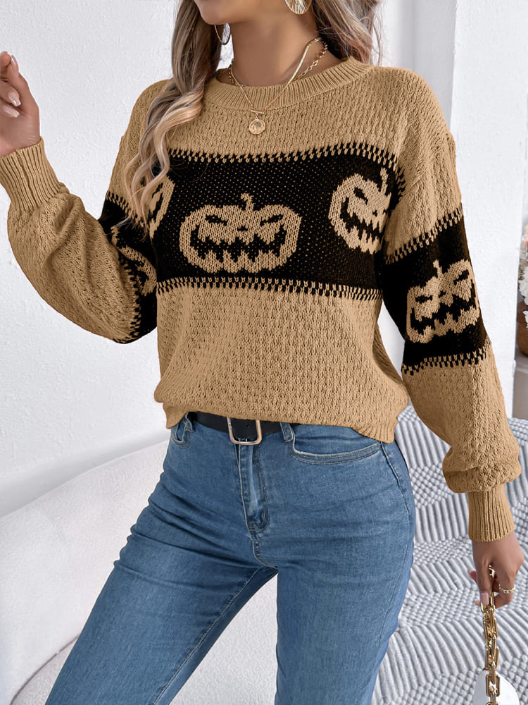 Strickpullover Mit Rundhalsausschnitt Und Farbblockdesign İm Kürbismuster