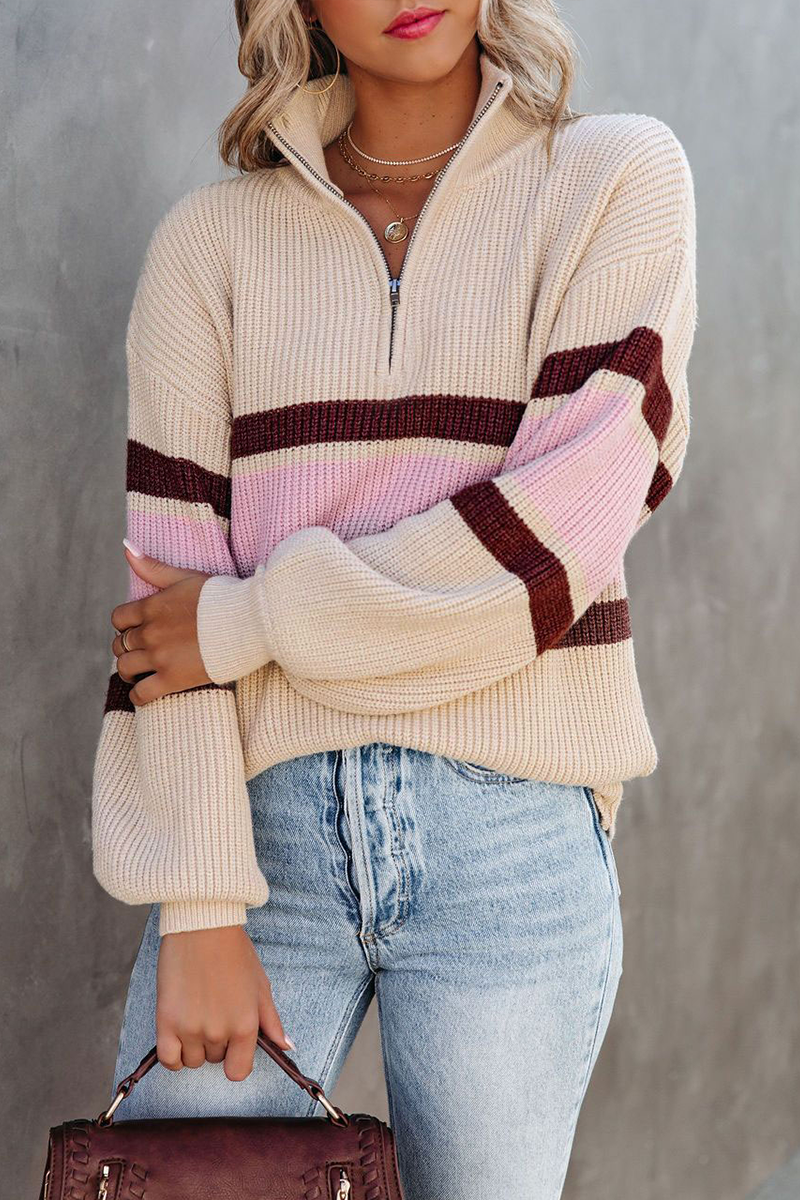 Lässiger, Schlichter Patchwork-Pullover Mit Reißverschlusskragen
