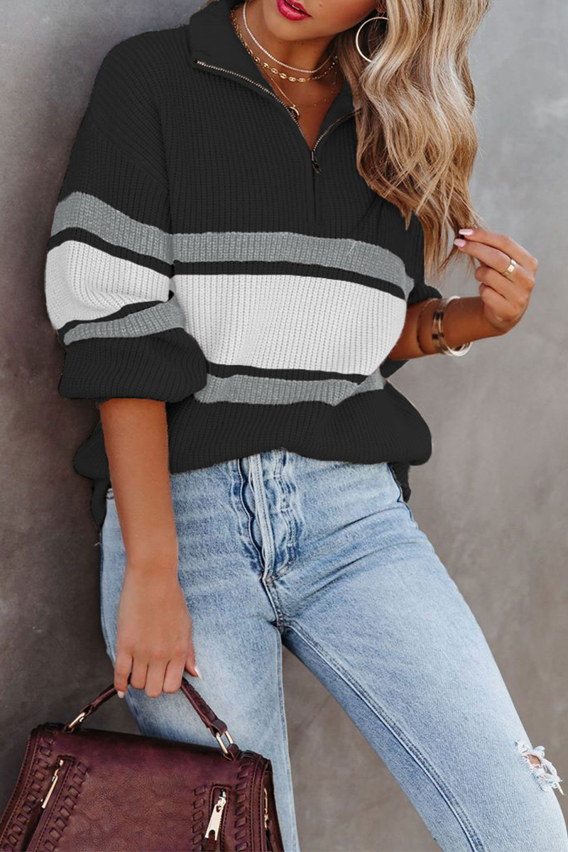 Lässiger, Schlichter Patchwork-Pullover Mit Reißverschlusskragen