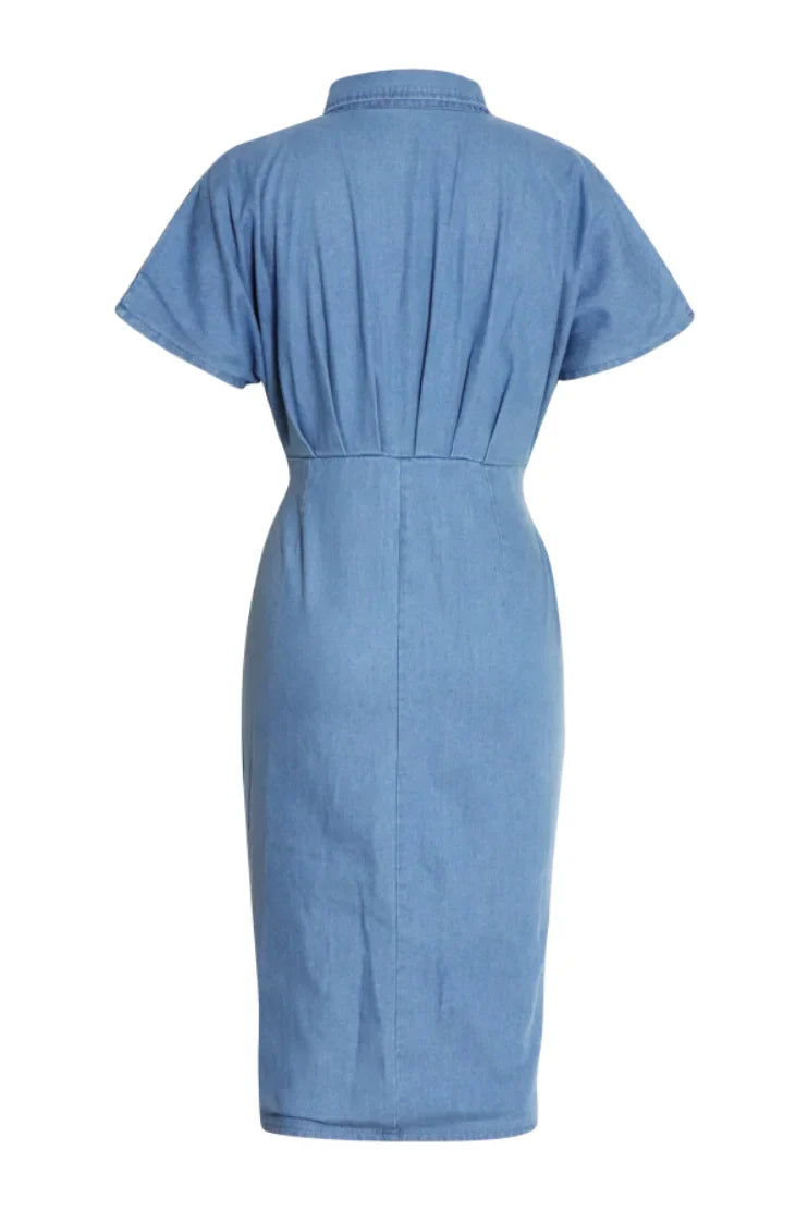 Midi-Hemdkleid Aus Denim Mit Raffung Und Knotendetail