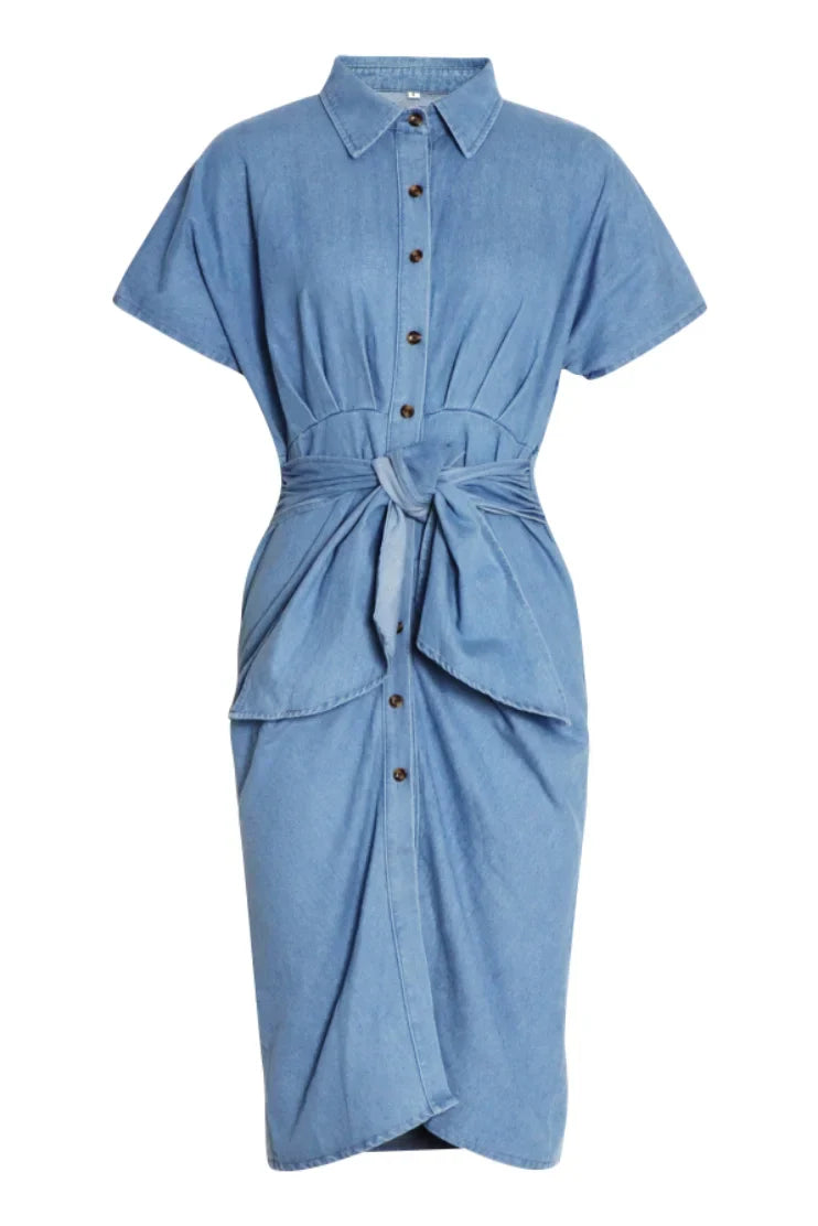 Midi-Hemdkleid Aus Denim Mit Raffung Und Knotendetail