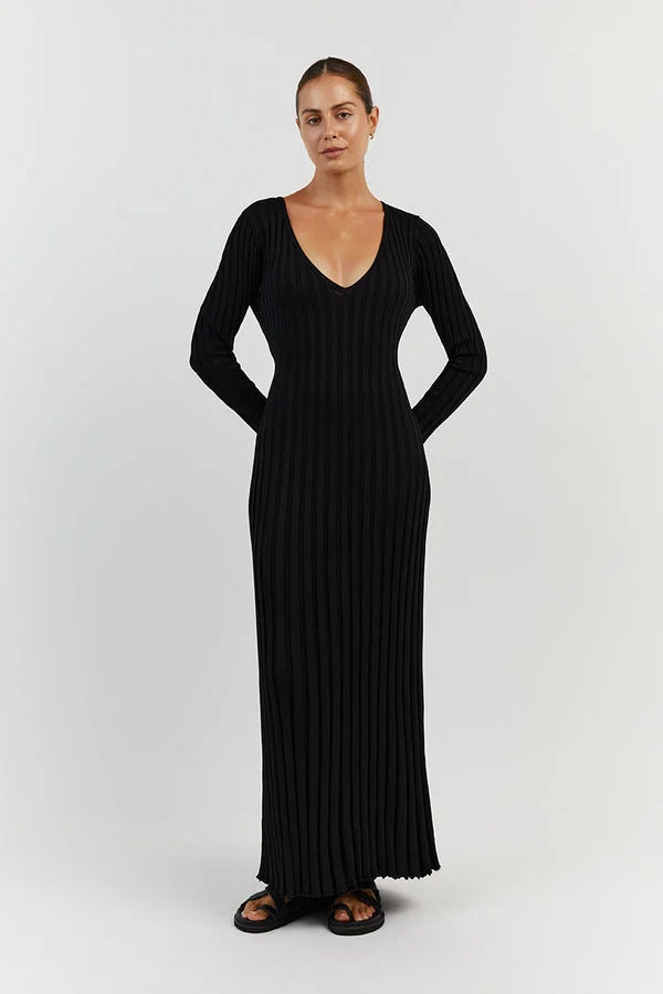 Elegantes Langarm-Midikleid Mit V-Ausschnitt