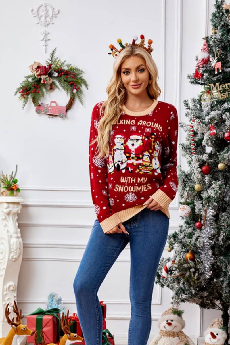 Bequemer Bestickter Pullover Mit Weihnachtsmann- Und Pinguin-Muster