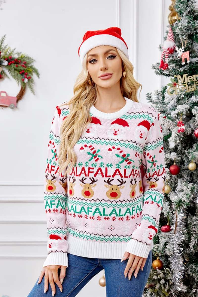 Lässiger Pullover Mit Rundhalsausschnitt Und Weihnachts-Cartoon-Stickerei
