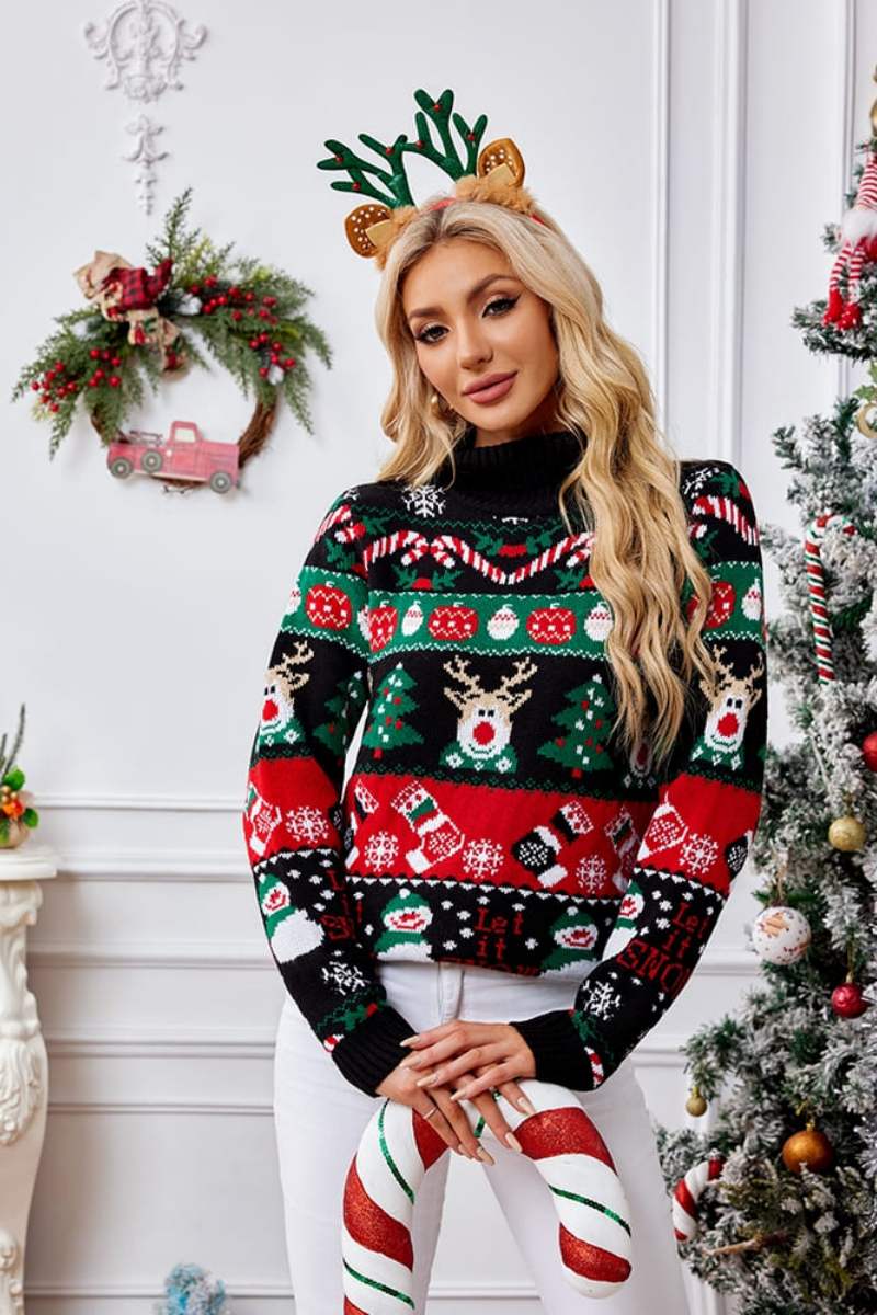 Weihnachtspullover Mit Hohem Kragen Und Schneemann-Stickerei