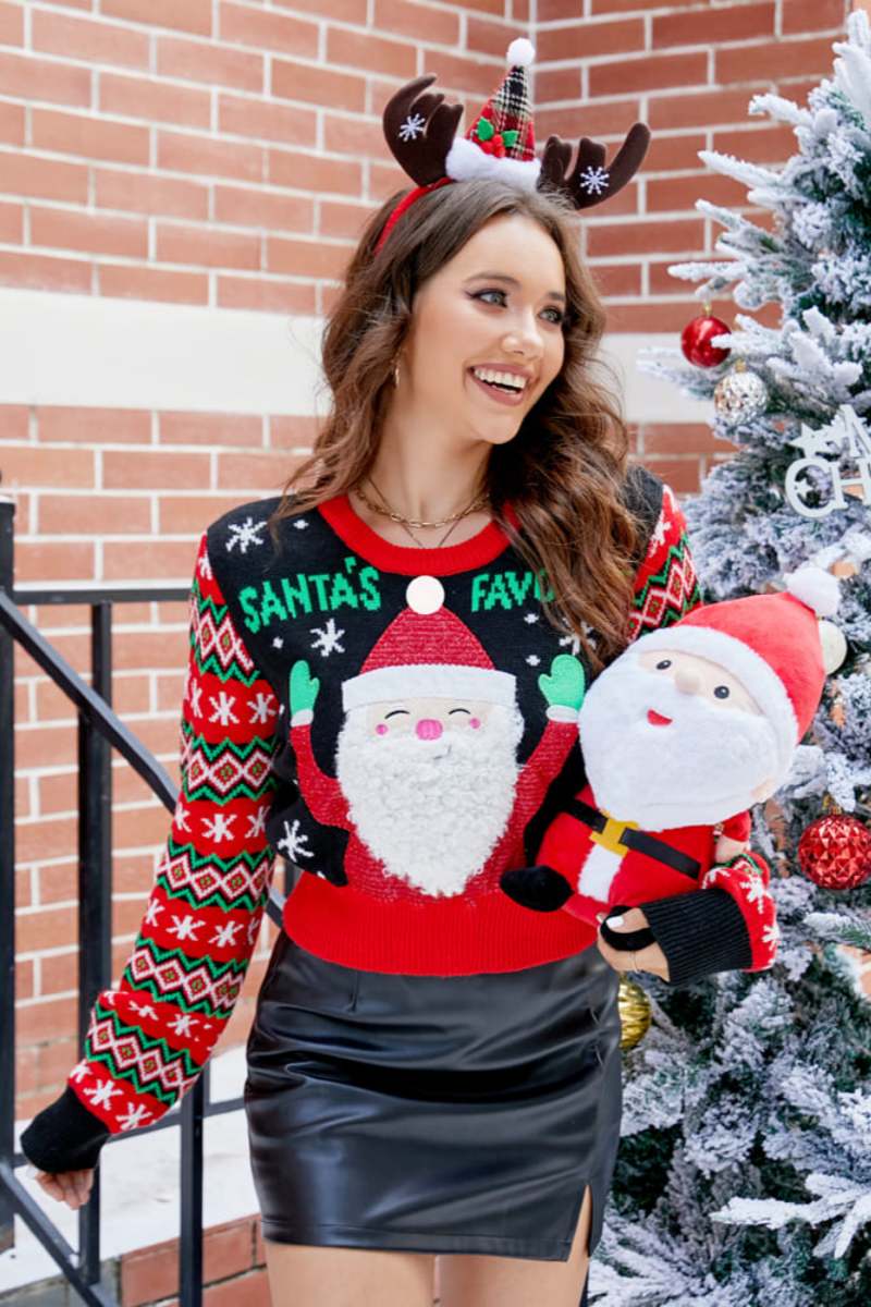 Rundhalspullover Mit Weihnachtsmann-Muster Und Stickerei