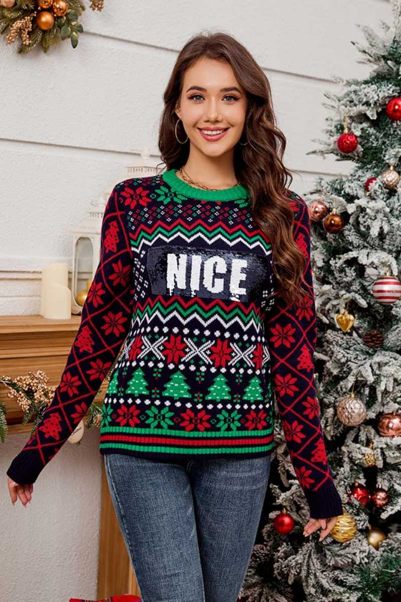 Weihnachtspullover Aus Jacquard-Strick Mit Paillettenstickerei