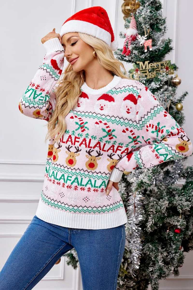 Lässiger Pullover Mit Rundhalsausschnitt Und Weihnachts-Cartoon-Stickerei
