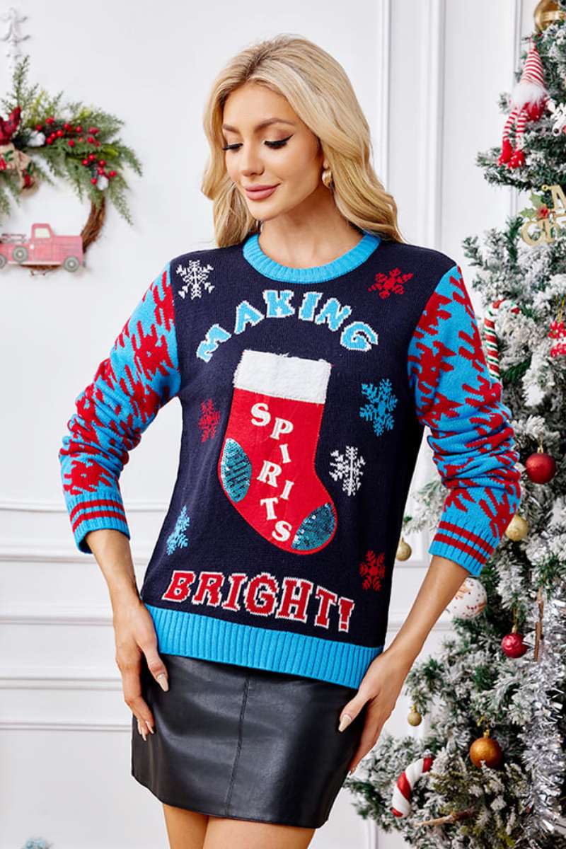 Lässiger Strickpullover Mit Weihnachtssocken-Design Und Stickerei