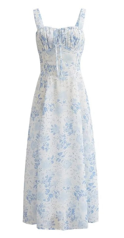 Blaues Midikleid Mit Blumenmuster Und Quadratischem Ausschnitt