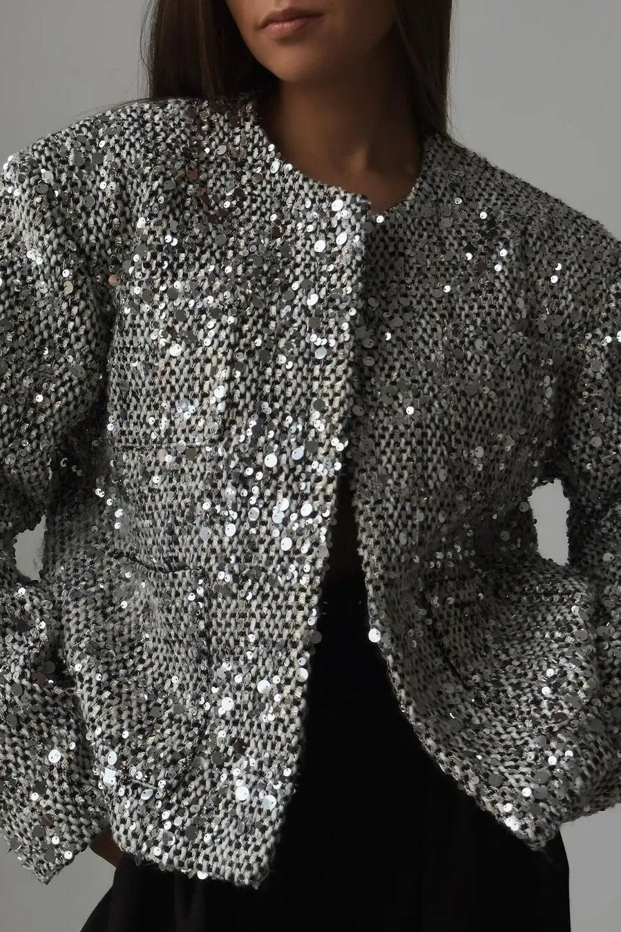 Paillettenjacke Mit Geradem Kragen