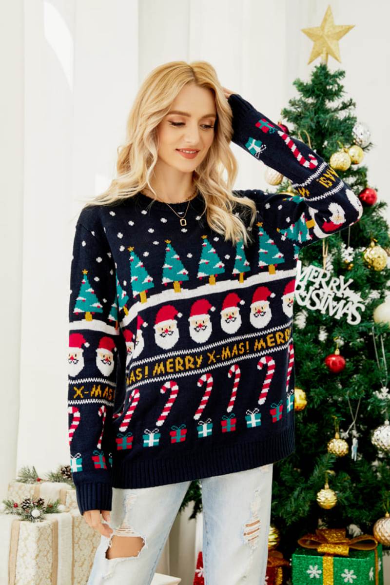Rundhals-Strickpullover Mit Entspannter Passform Und Weihnachtsmotiv