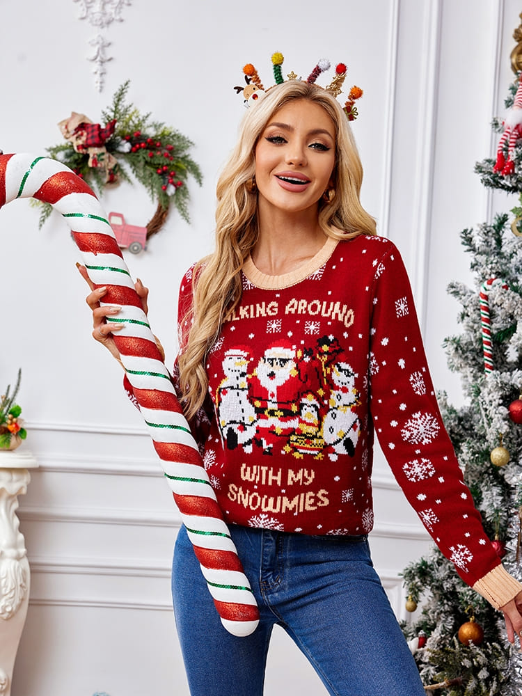 Bequemer Bestickter Pullover Mit Weihnachtsmann- Und Pinguin-Muster