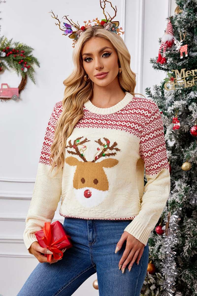 Weihnachtspullover Mit Rundhalsausschnitt Und Stickerei