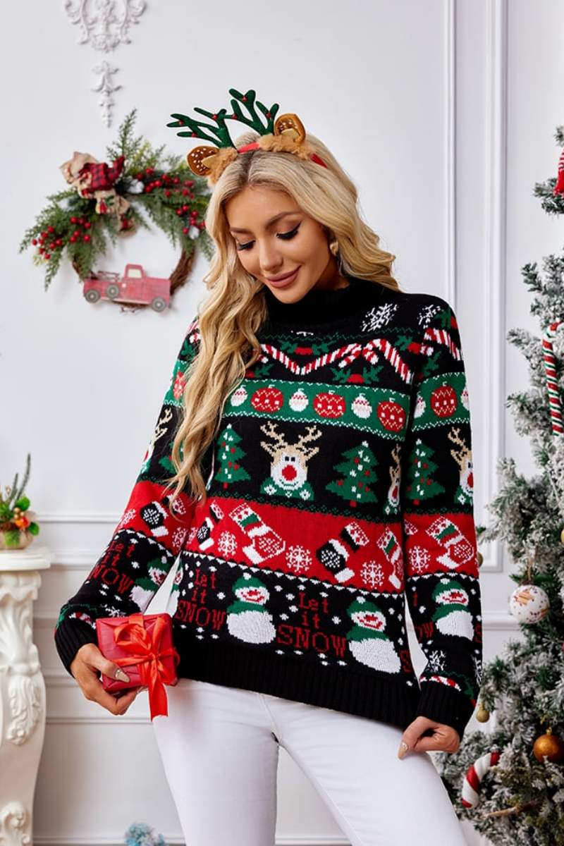 Weihnachtspullover Mit Hohem Kragen Und Schneemann-Stickerei