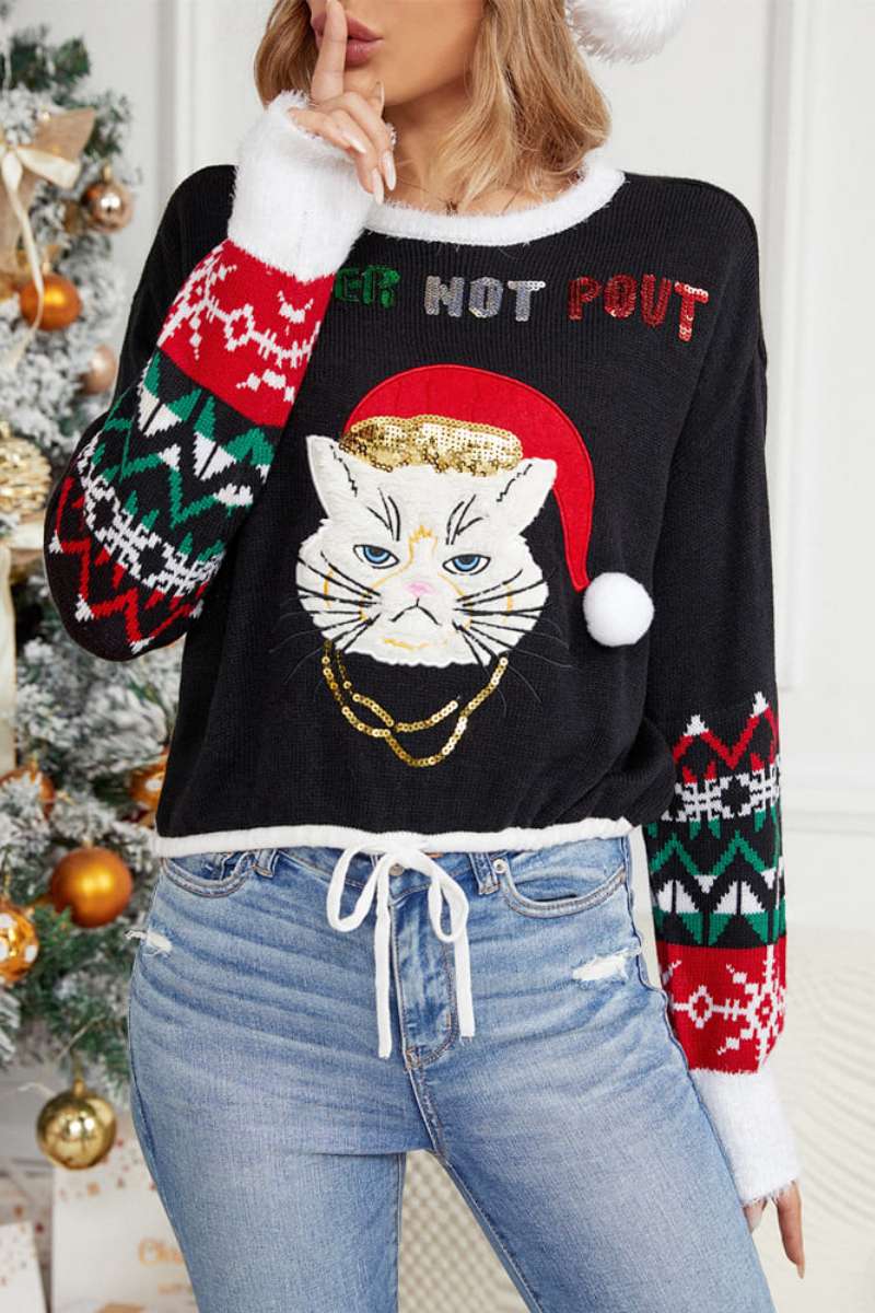 Pullover Mit Rundhalsausschnitt, Katzen-Stickerei Und Pailletten