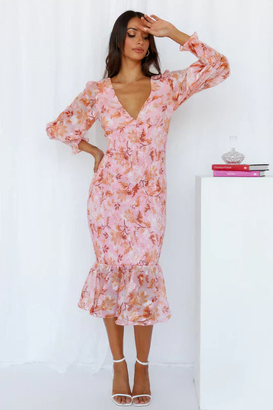 Gemustertes Midikleid Mit V-Ausschnitt
