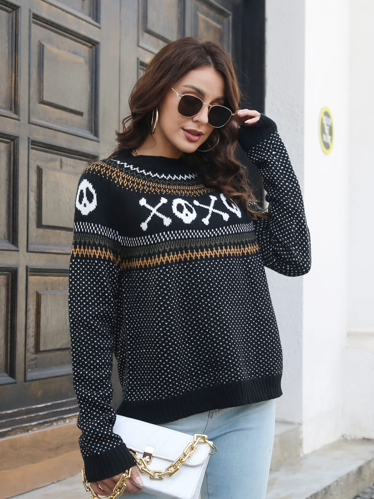 Strickpullover Mit Retro-Totenkopfmuster