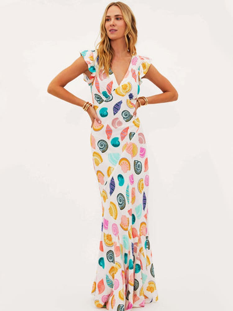 Viskose-Leinen-Kleid Mit Muschel-Print