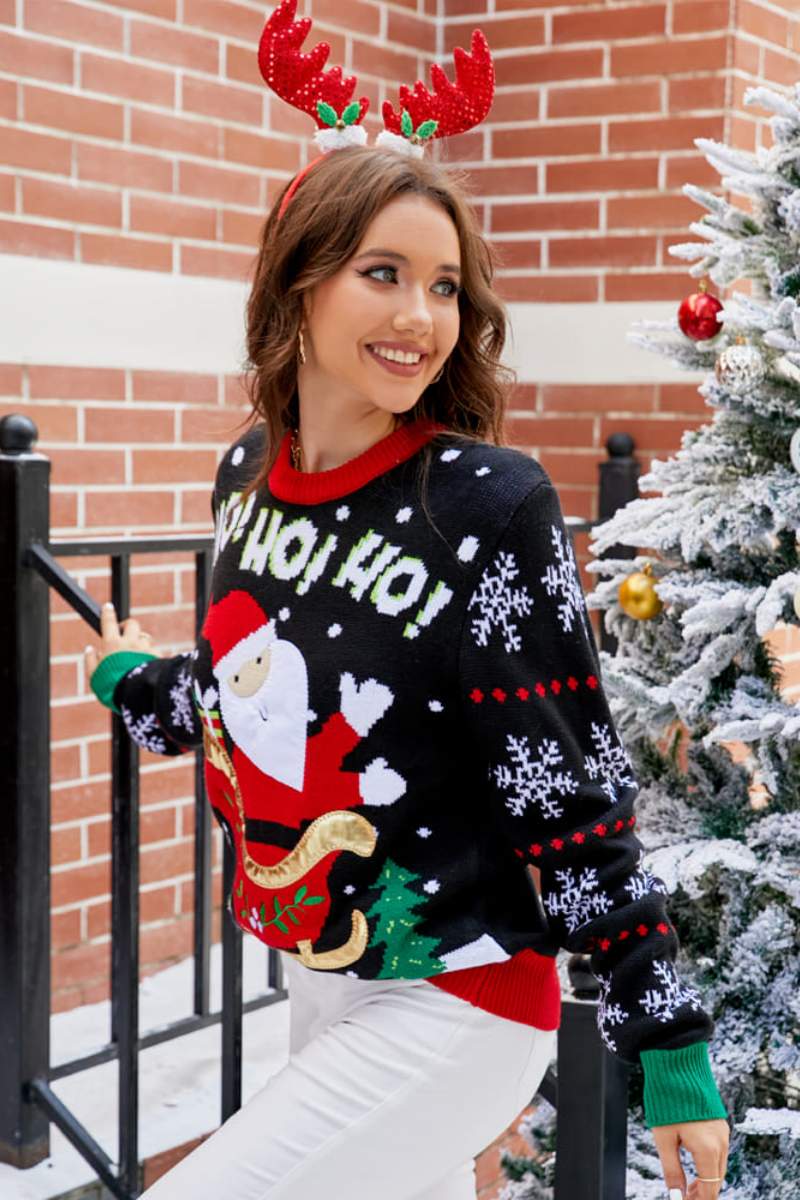 Lässiger Pullover Mit Rundhalsausschnitt Und Weihnachtsmann-Stickerei