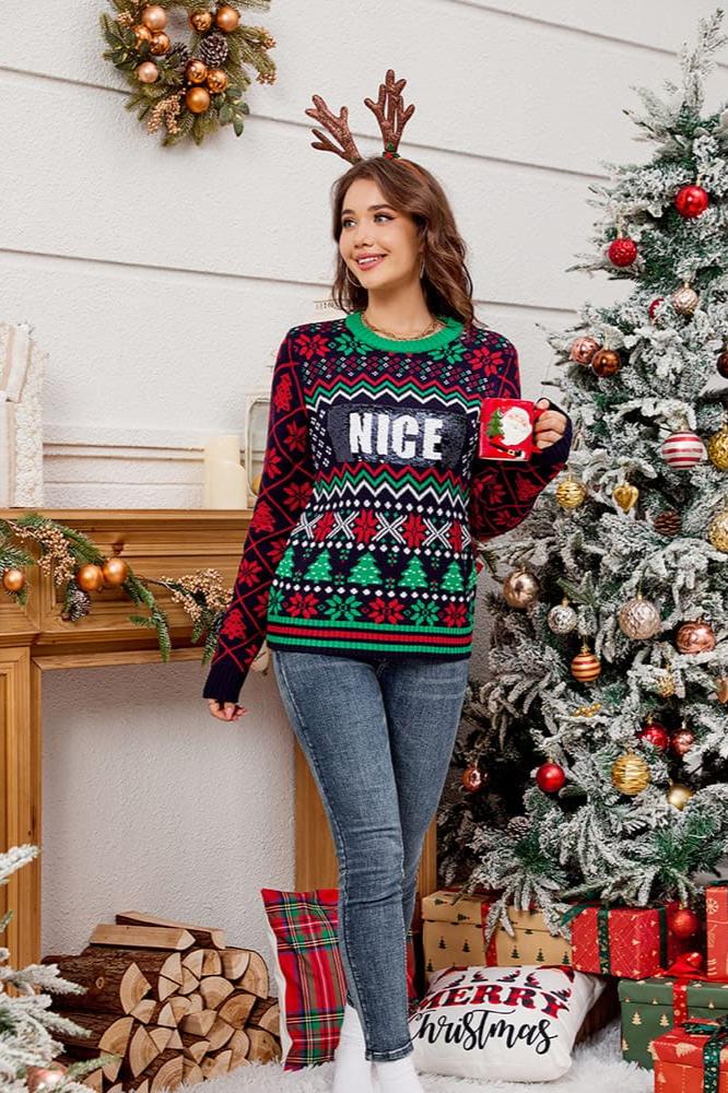 Weihnachtspullover Aus Jacquard-Strick Mit Paillettenstickerei