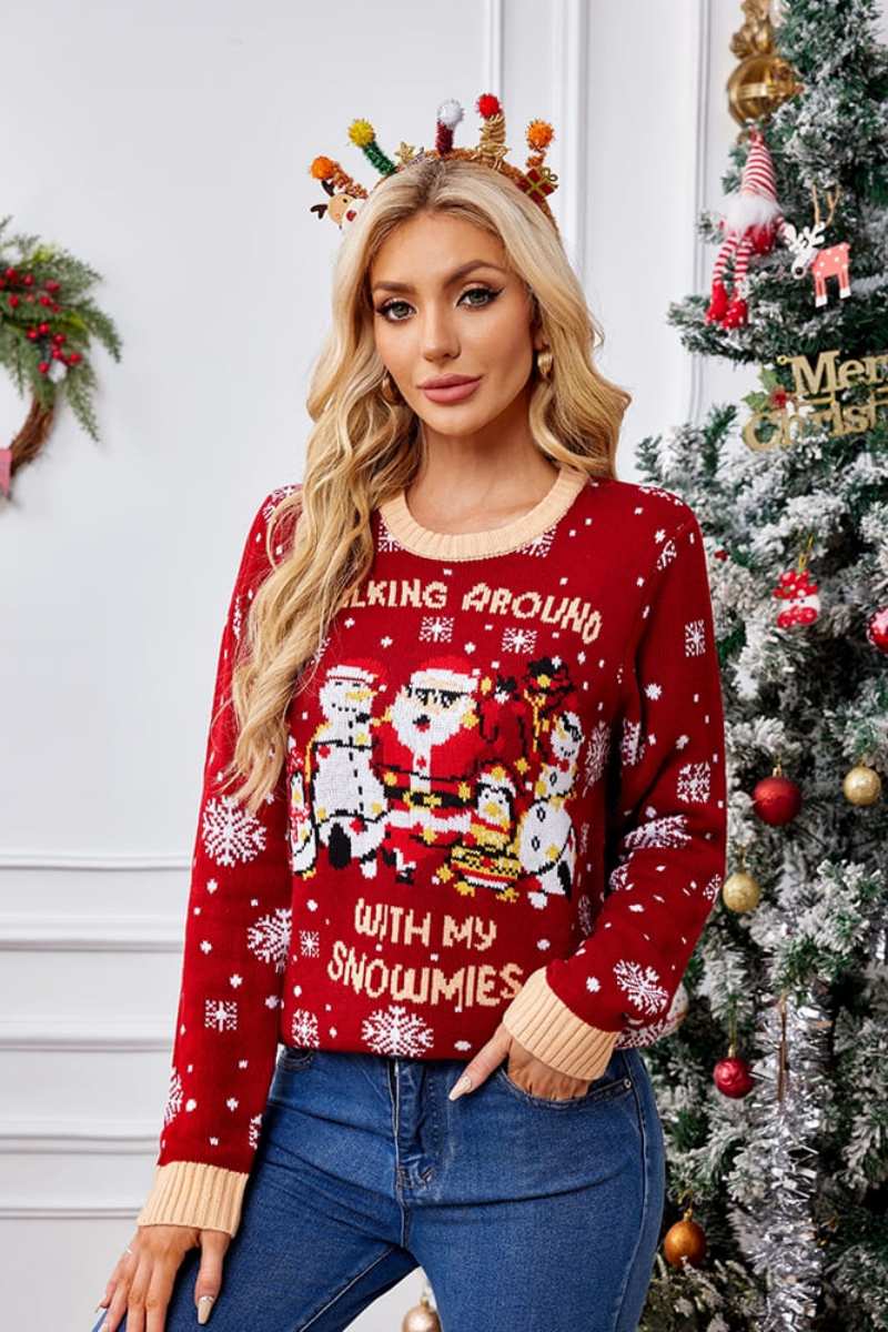 Bequemer Bestickter Pullover Mit Weihnachtsmann- Und Pinguin-Muster
