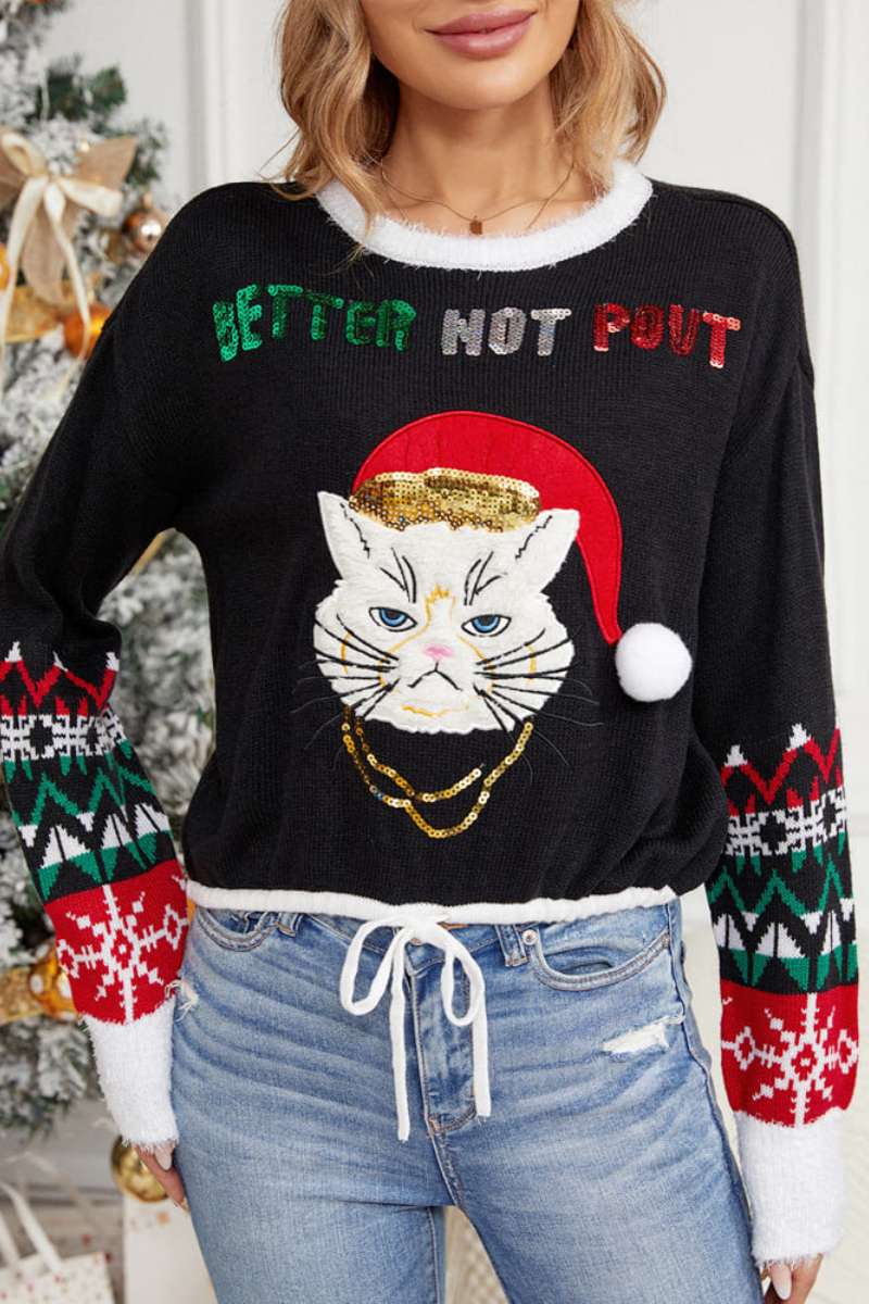 Pullover Mit Rundhalsausschnitt, Katzen-Stickerei Und Pailletten