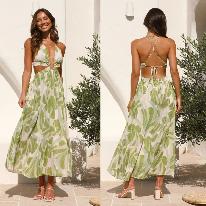 Elegantes Gemustertes, Tief Ausgeschnittenes Midikleid
