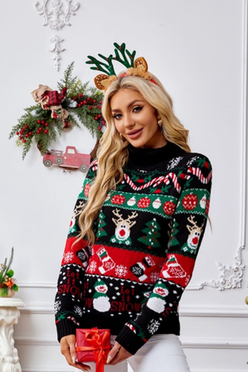 Weihnachtspullover Mit Hohem Kragen Und Schneemann-Stickerei