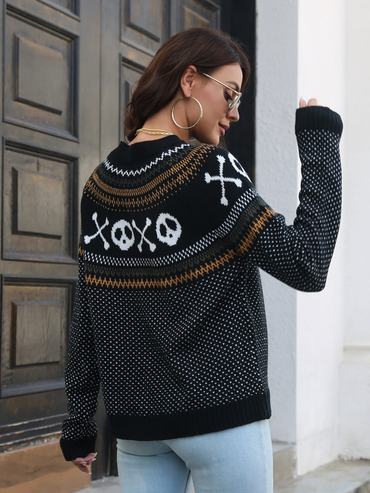 Strickpullover Mit Retro-Totenkopfmuster