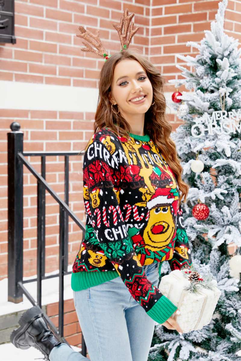 Weihnachtspullover Mit Rentier-Muster Und Cartoon-Muster