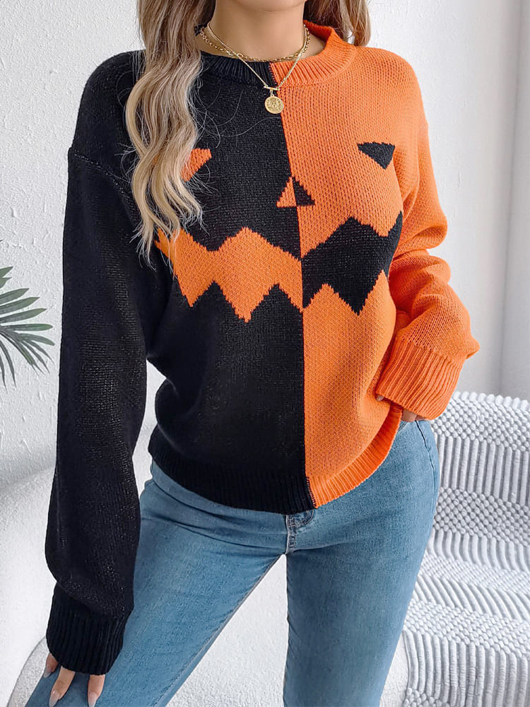 Langarmpullover Mit Rundhalsausschnitt Und Kürbismuster