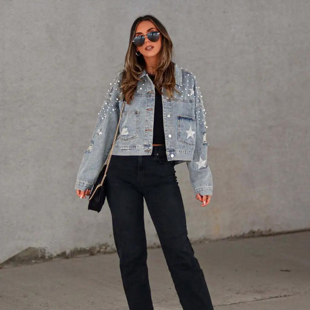Jeansjacke Mit Perlenverzierung Und Sterndetail
