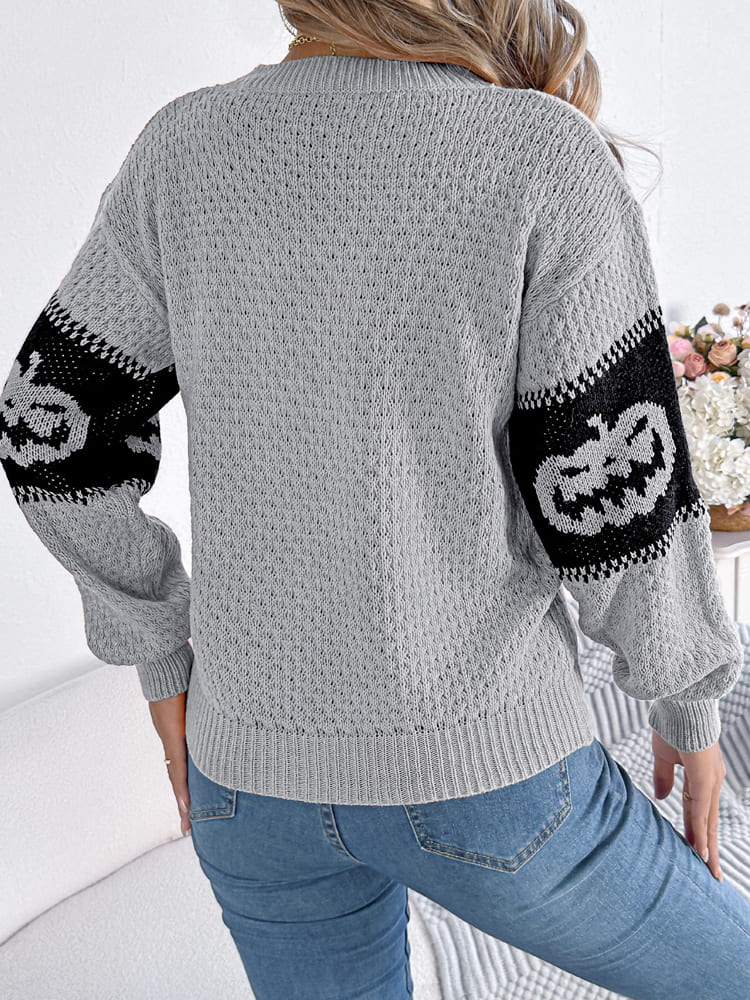 Strickpullover Mit Rundhalsausschnitt Und Farbblockdesign İm Kürbismuster