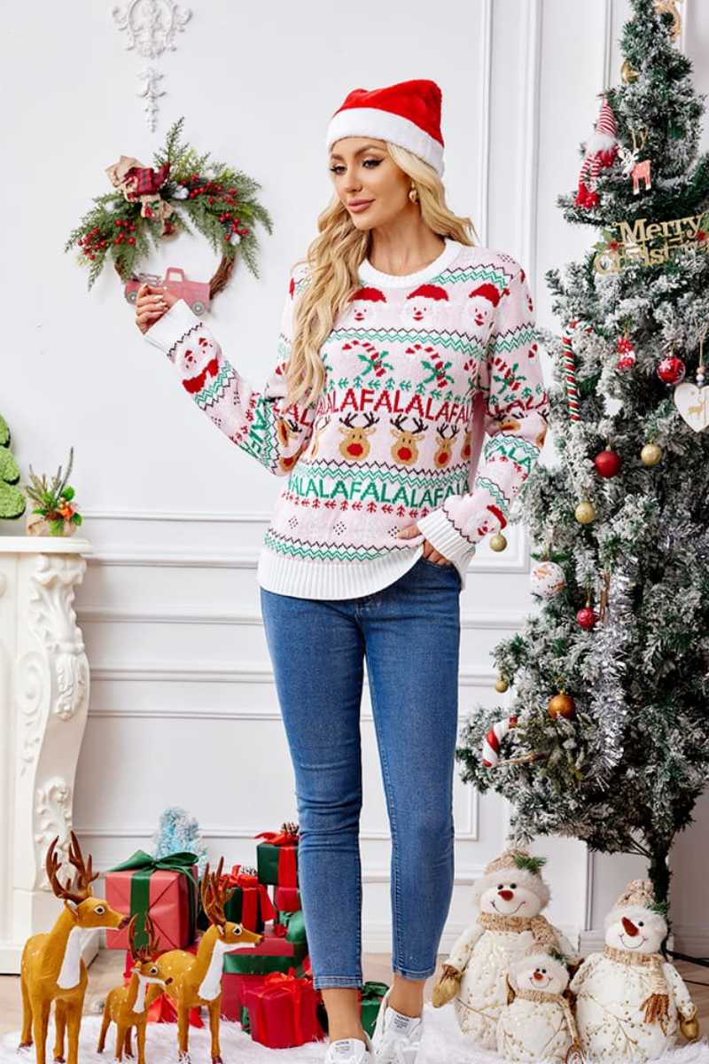 Lässiger Pullover Mit Rundhalsausschnitt Und Weihnachts-Cartoon-Stickerei