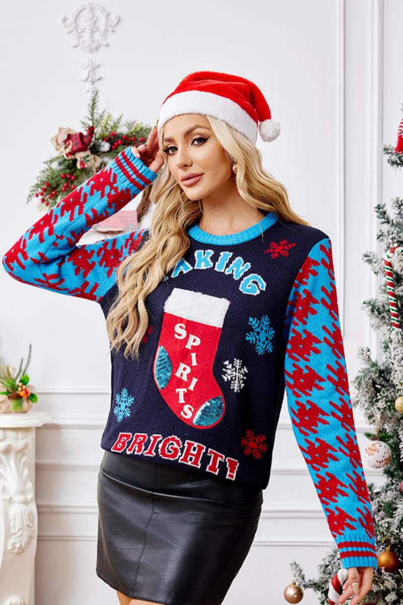 Lässiger Strickpullover Mit Weihnachtssocken-Design Und Stickerei