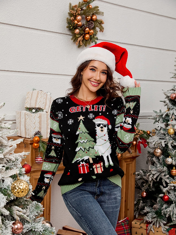 Bestickter Pullover Mit Weihnachtsbaum- Und Alpaka-Muster