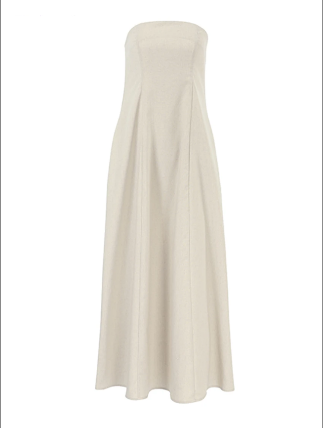 Khakifarbenes A-Linien-Kleid Aus Leinen Mit Taschen