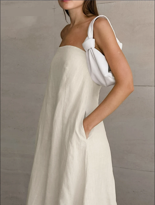 Khakifarbenes A-Linien-Kleid Aus Leinen Mit Taschen