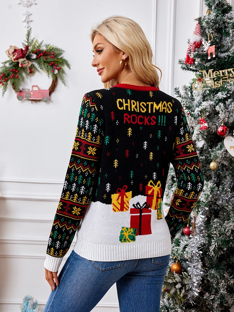Bestickter Pullover Mit Weihnachtsmann- Und Musiknotenmuster
